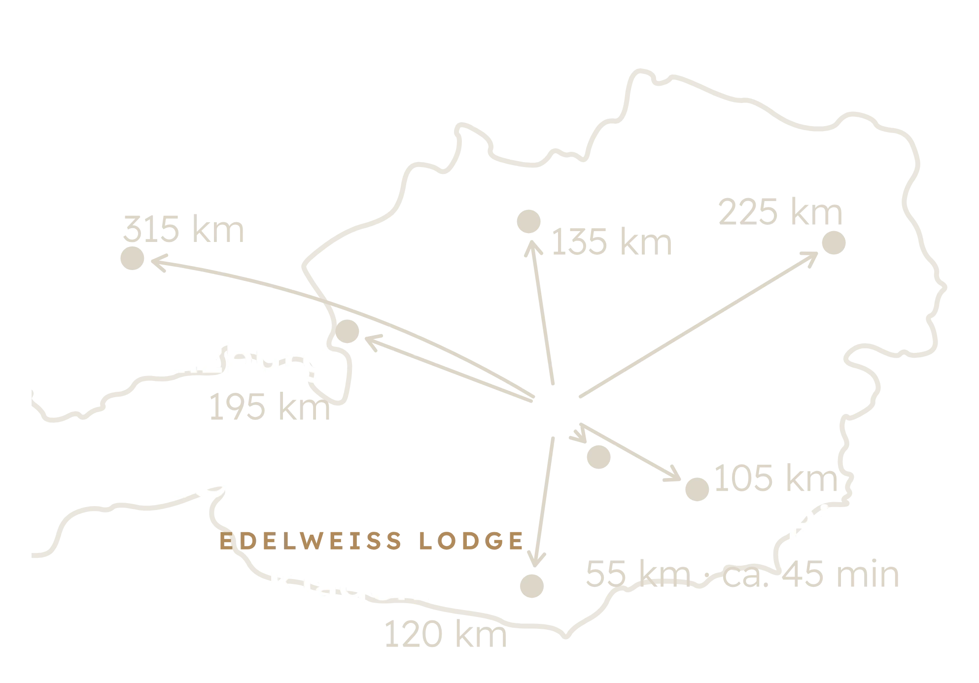 Anreise-Karte Edelweiss Lodge (dunkel, mobil) Karte Österreich: Entfernungen ab der Edelweiss Lodge in Hohentauern – Red Bull Ring 55 km, Graz 105 km, Klagenfurt 120 km, Linz 135 km, Salzburg 195 km, Wien 225 km, München 315 km (Straßenkilometer)